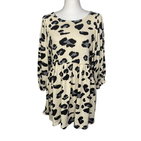 BY together Womens Animal Print Baby Doll Dress Sweater Cream Gray Medium NWT - Picture 1 of 13